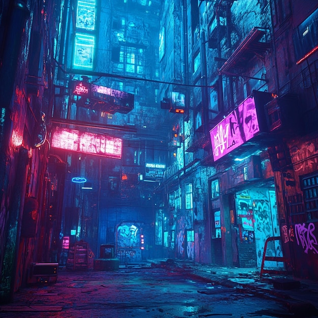 Photo hyperrealistic dystopian city with neon blue lights and graffiti capturing a raw new york vibe