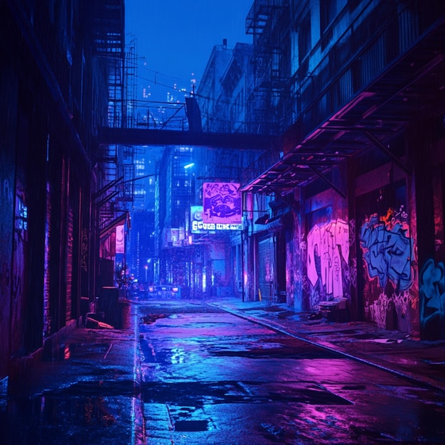 Photo hyperrealistic dystopian city with neon blue lights and graffiti capturing a raw new york vibe