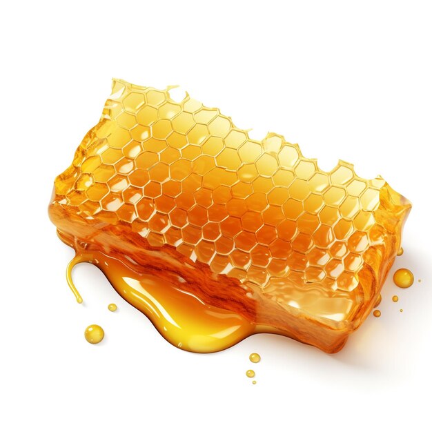 Hyperrealistic Honeycomb with honey dropping on a white background