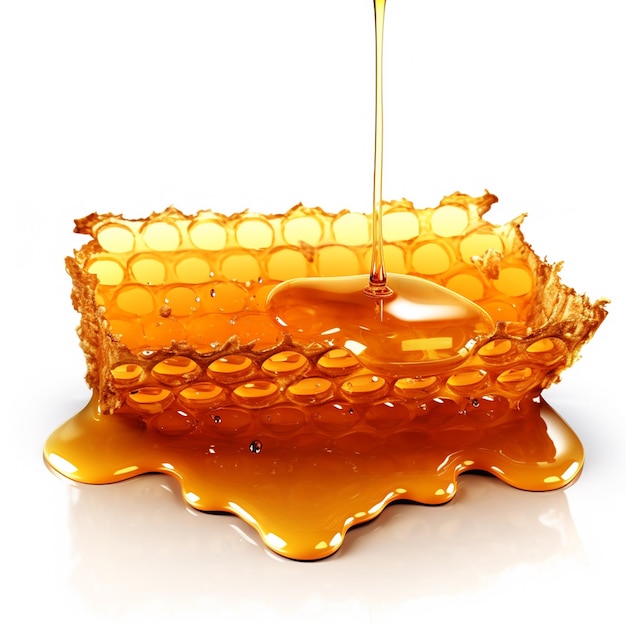 Hyperrealistic Honeycomb with honey dropping on a white background