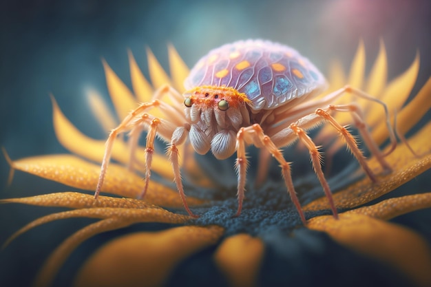 Hyperrealistic illustration of a crab spiderlike insect enlarged closeup