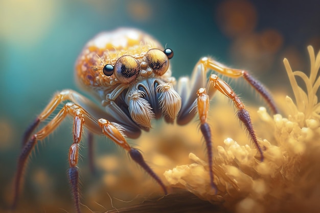 Hyperrealistic illustration of a crab spiderlike insect enlarged closeup