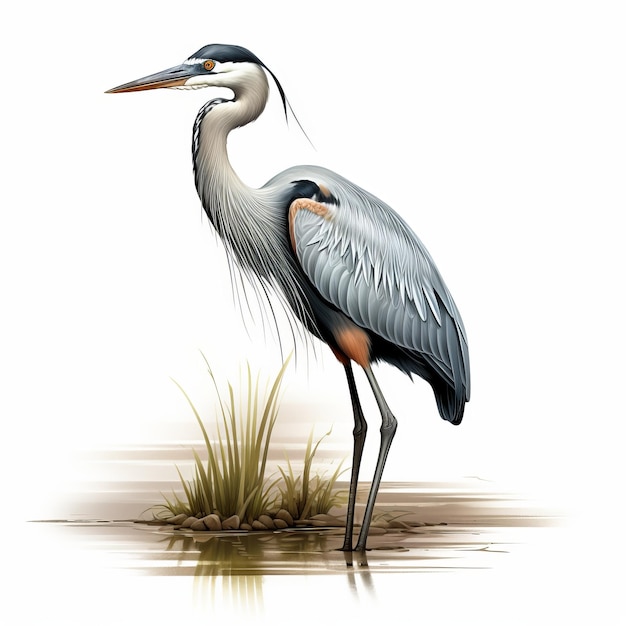 Hyperrealistic Illustration Of A Great Blue Heron In Creek