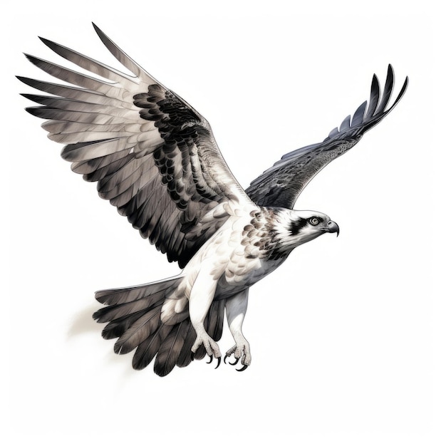 Hyperrealistic Illustration Of Osprey Flying In Shades Of Gray