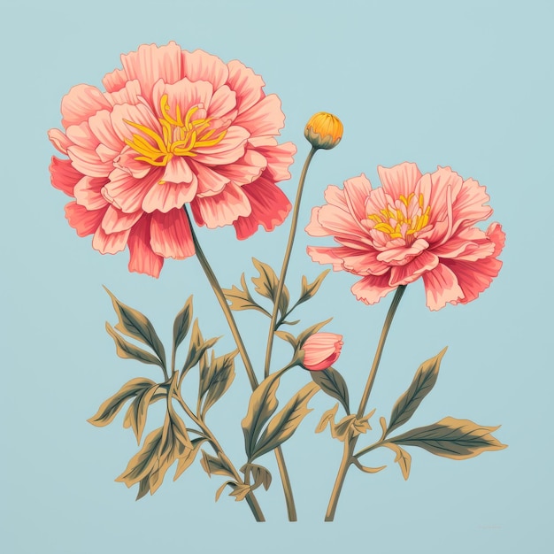 Hyperrealistic Illustration Of Two Pink Flowers And Leaves On A Blue Background