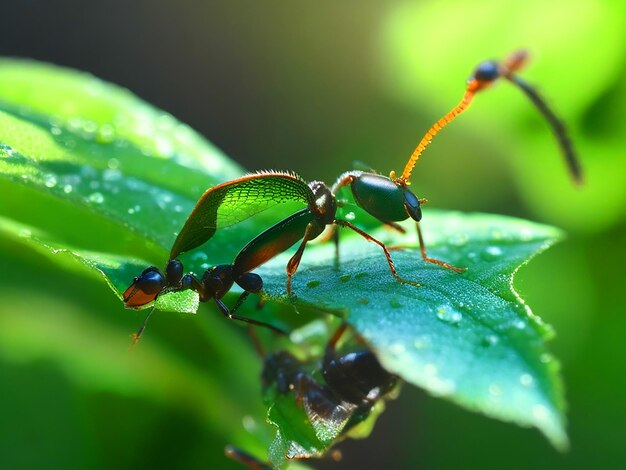 A hyperrealistic image of an ant its exoskeleton glistening in the morning dew on a vibrant gree