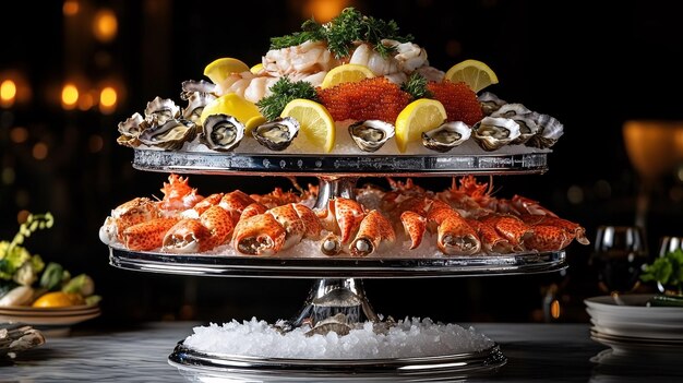 Photo hyperrealistic image of a lavish seafood tower featuring layers of fresh oysters lobster tails king crab legs and caviar