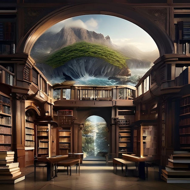 A hyperrealistic image of a library filled