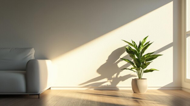 Photo hyperrealistic minimalist living room soft natural light single potted plant clean lines 50 keywords