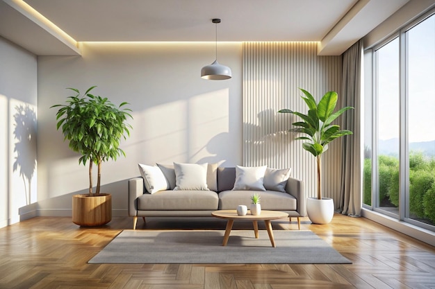 Hyperrealistic minimalist living room soft natural light single potted plant clean lines