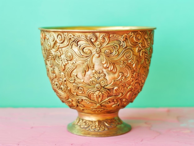 Hyperrealistic natural look a golden antique cup against a pastel half pink and half green