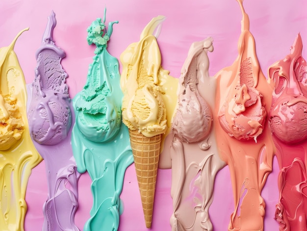 Photo hyperrealistic natural look a ice cream melting solid color background colorful ice creams