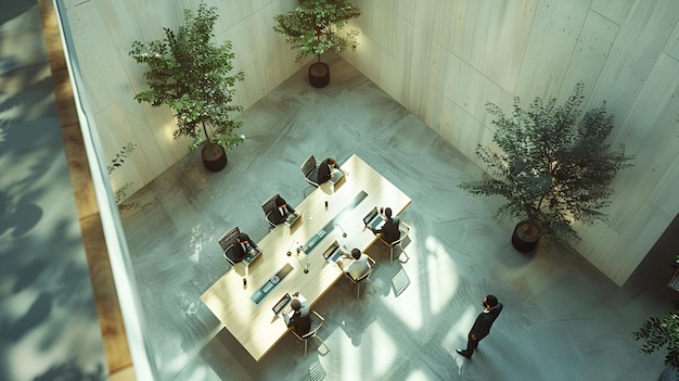 Photo hyperrealistic overhead shot of business team meeting in modern office with highdetail and lighti