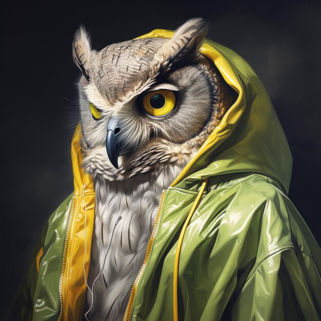 Photo hyperrealistic owl illustration in green jacket a fusion of cryengine and hip hop aesthetics