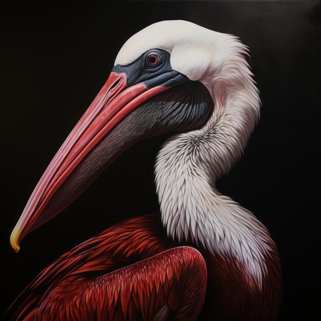 Photo hyperrealistic painting of a black pelican in dark white and maroon