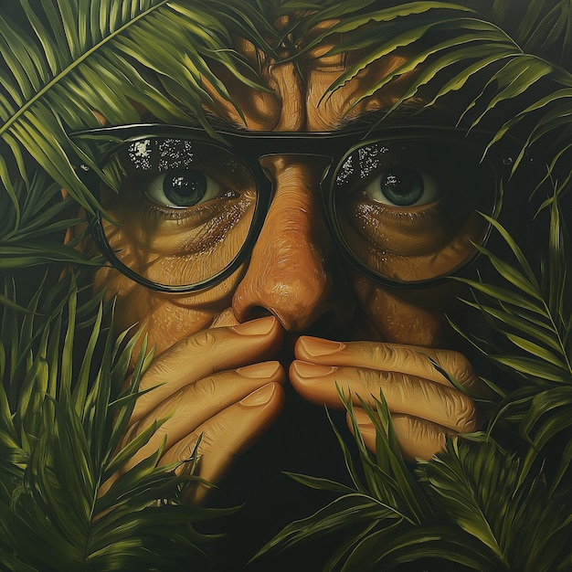 Photo hyperrealistic painting of a man39s face with glasses and hands peeking through large green leaves