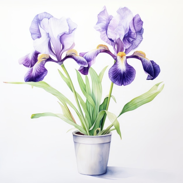 Hyperrealistic Painting Of Purple Iris Flowers In A White Pot