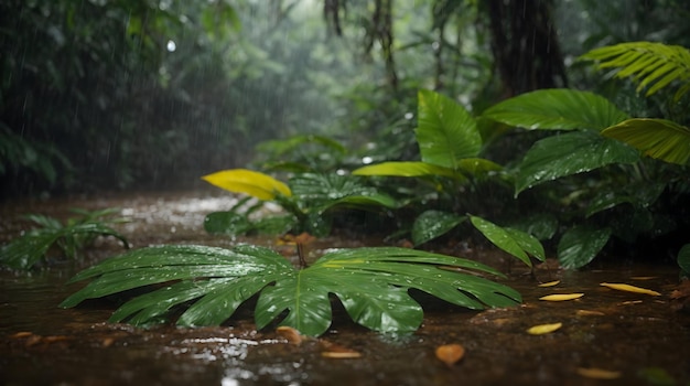 Photo a hyperrealistic painting of a tropical rainforest during a heavy rain shower