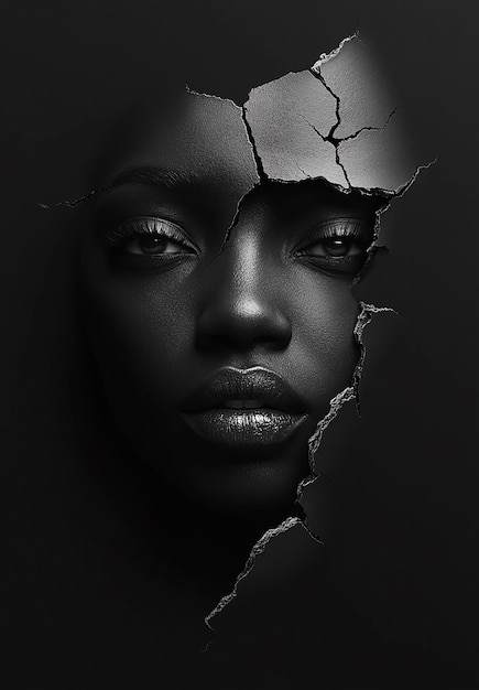 Photo hyperrealistic photo of black paper with human face cutout and cracks