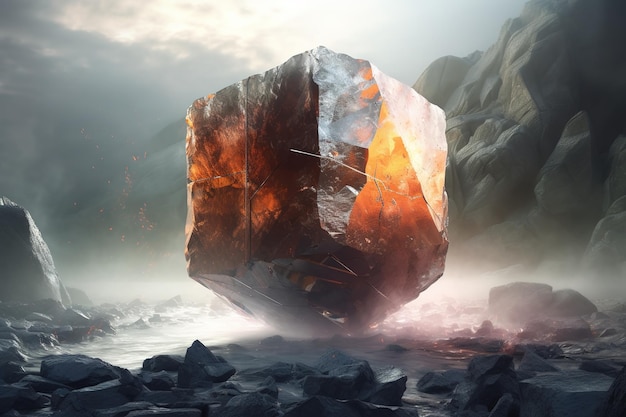 hyperrealistic photo of a cube that looks like a rock and is a piece of ice and rocks Generative AI