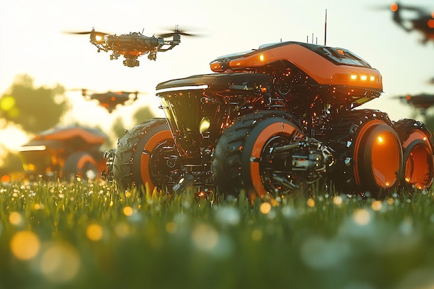 A hyperrealistic photograph of futuristic tractors