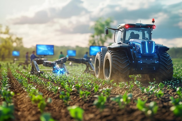 A hyperrealistic photograph of futuristic tractors