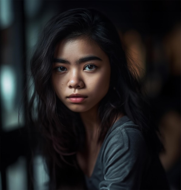 Hyperrealistic Portrait Captivating 20YearOld Indonesian Woman with Flowing Black Hair