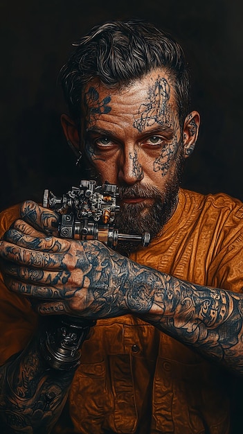 Photo hyperrealistic portrait of a tattoo enthusiast showcasing inked designs