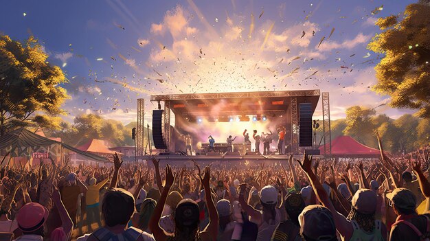 Hyperrealistic portrayal of a lively outdoor music festival