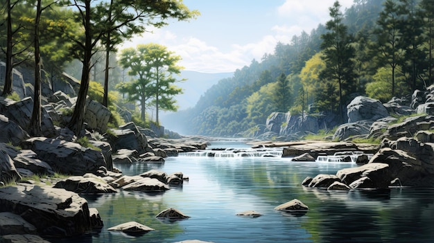 Hyperrealistic portrayal of a serene river bend