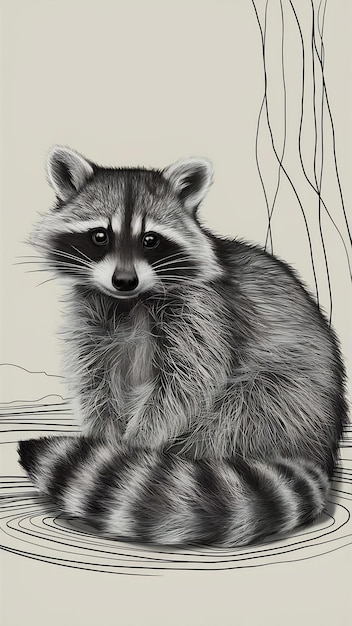 Photo hyperrealistic raccoon illustration in line drawing style