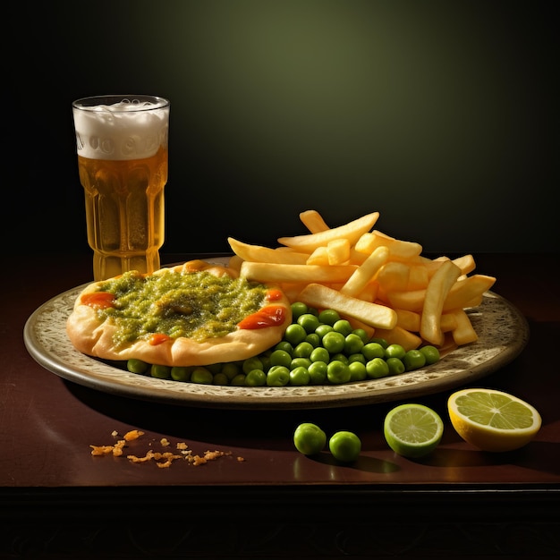 Hyperrealistic Rendering Of Pizza And Chips With Mushy Peas