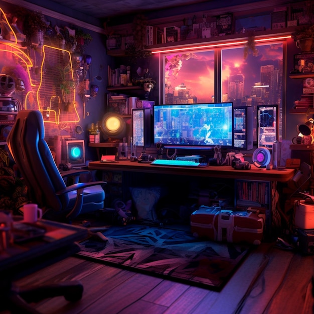 Hyperrealistic setup gamer evening or night with cable leds with neon light light sparks