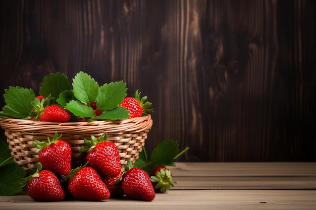 Hyperrealistic Strawberry fruit in a basket on a wooden background