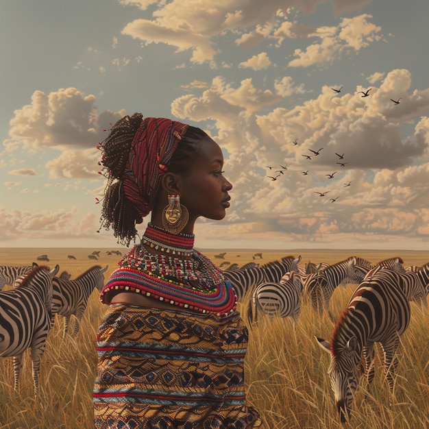 Photo hyperrealistic tribal masai woman and zebras in the savanna grassland