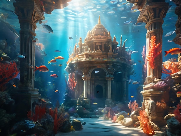 A hyperrealistic underwater temple overgrown with vibr