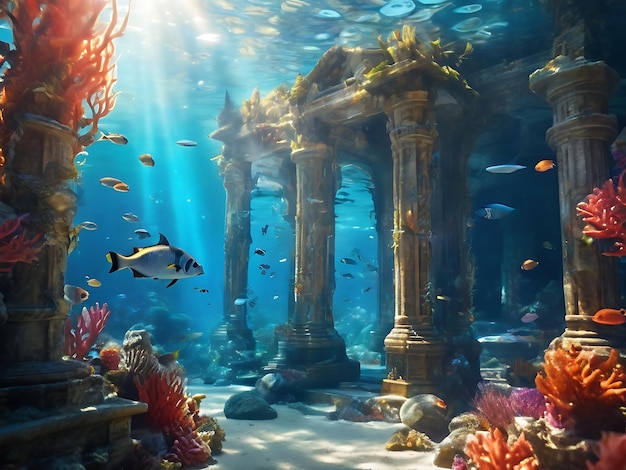 A hyperrealistic underwater temple overgrown with vibr