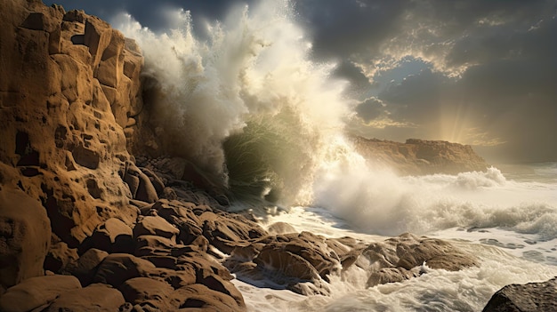 Hyperrealistic view of a coastal cliff with crashing waves