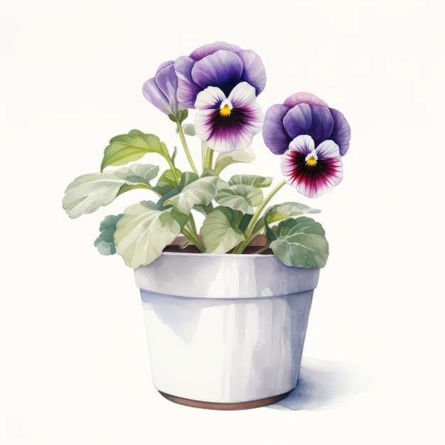 Hyperrealistic Watercolor Illustration Of Pansies In White Pot