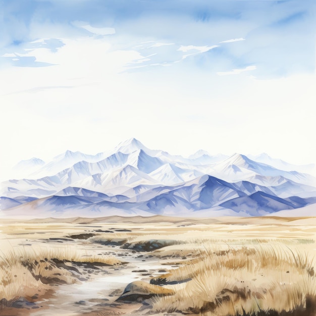 Hyperrealistic Watercolor Landscape Grassy Steppe With Mountains