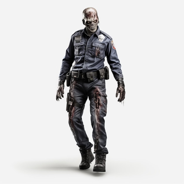 Hyperrealistic Zombie Cop Sculpture On White Background