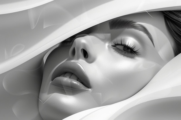 Hypnotic closeup face portrait of a woman in abstract monochrome style with smooth and curved lines