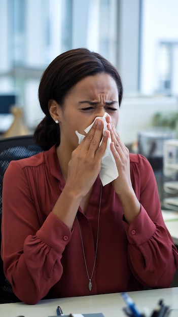 I can not believe i caught a cold frustrated african american businesswoman using a tissue to sneez