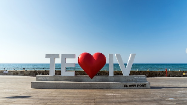 I Love Tel Aviv sculpture in the Tel Aviv port in Israel.