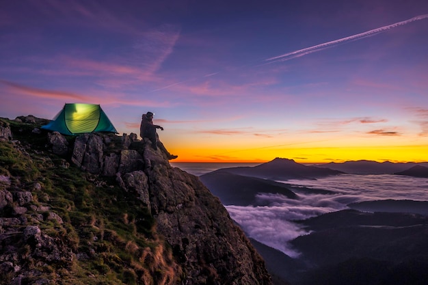 I wake up nearby in the tent on a beautiful sunset in Penas de Aya Basque Country