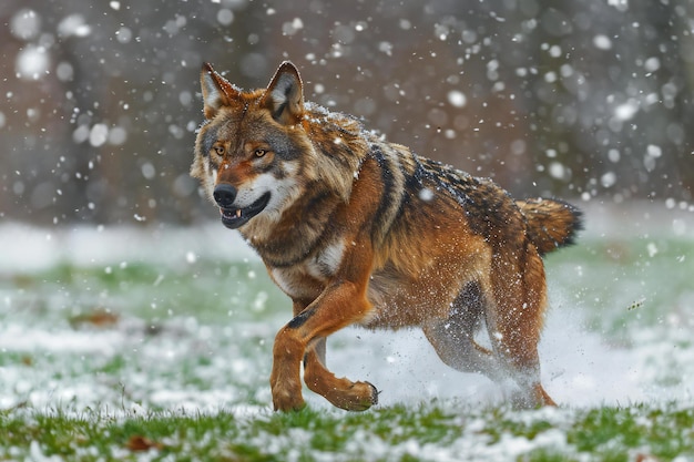 Iberian Wolf Canis lupus running in the snow