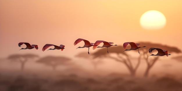 Photo ibises in flight exotic scene of savannah and acacia trees during migration concept wildlife photography savannah landscapes bird migration exotic ibises acacia trees