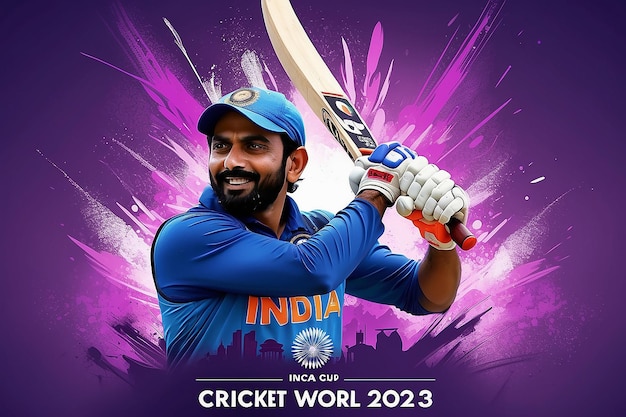 Photo icc mens cricket world cup india 2023 poster design in purple color