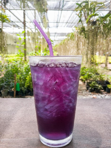 Ice butterfly pea beverage healthy on table