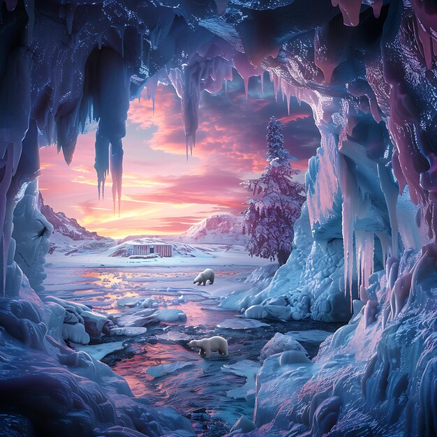 Photo ice cave and frozen lake 3d illustration